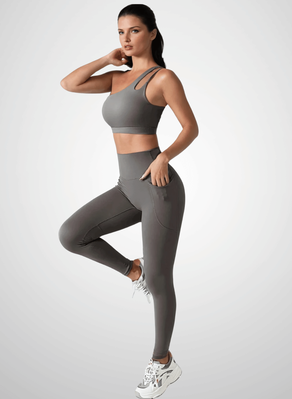 סט ספורט - סט טייץ מחטב High Waist וטופ כתף אחת - דגם Apex