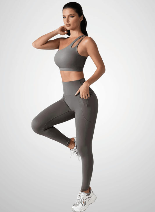 סט ספורט - סט טייץ מחטב High Waist וטופ כתף אחת - דגם Apex