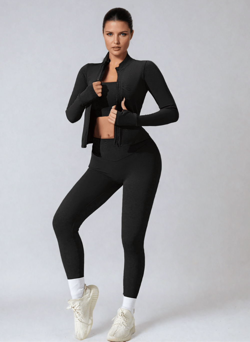 סט ספורטיבי 3 חלקים: טייץ מחטב High Waist, טופ וג'קט הודיס - דגם Poise