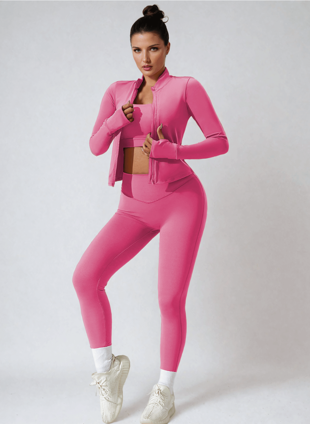 סט ספורטיבי 3 חלקים: טייץ מחטב High Waist, טופ וג'קט הודיס - דגם Poise