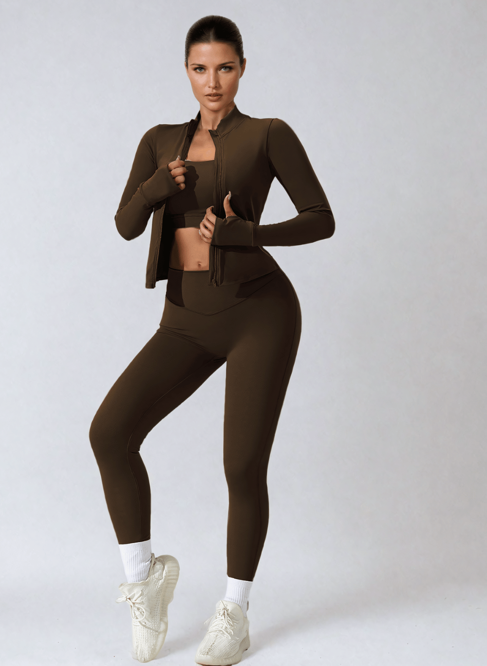 סט ספורטיבי 3 חלקים: טייץ מחטב High Waist, טופ וג'קט הודיס - דגם Poise