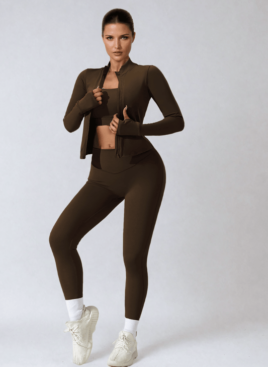 סט ספורטיבי 3 חלקים: טייץ מחטב High Waist, טופ וג'קט הודיס - דגם Poise