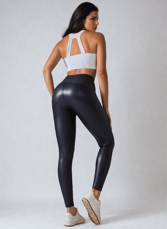 טייץ מחטב דמוי עור מבריק, High Waist (PU) - דגם Glow